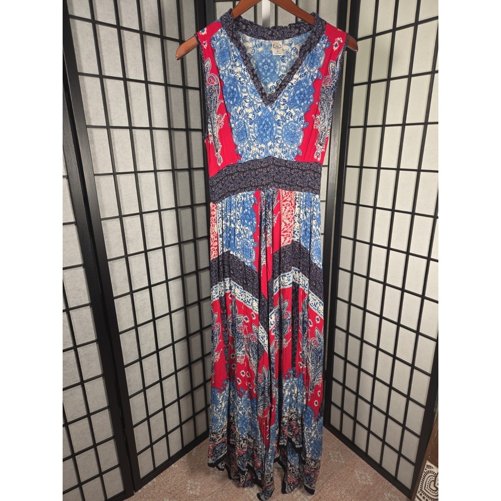 Bila Sleeveless Tank Maxi Americana Boho Dress hankerchief hem, sz S